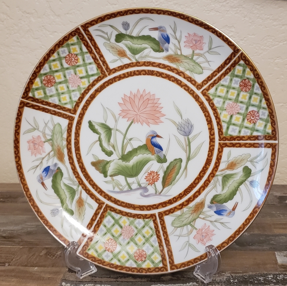 Vintage hand painted Imari Ware plate, Kingfisher, green and pink, 10.5"